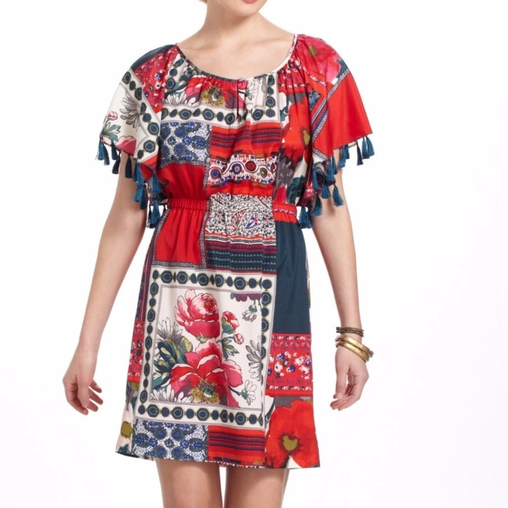 Anthropologie Vanessa Virginia Persian Rose Patchwork Dress, Tassels Boho Whimsy